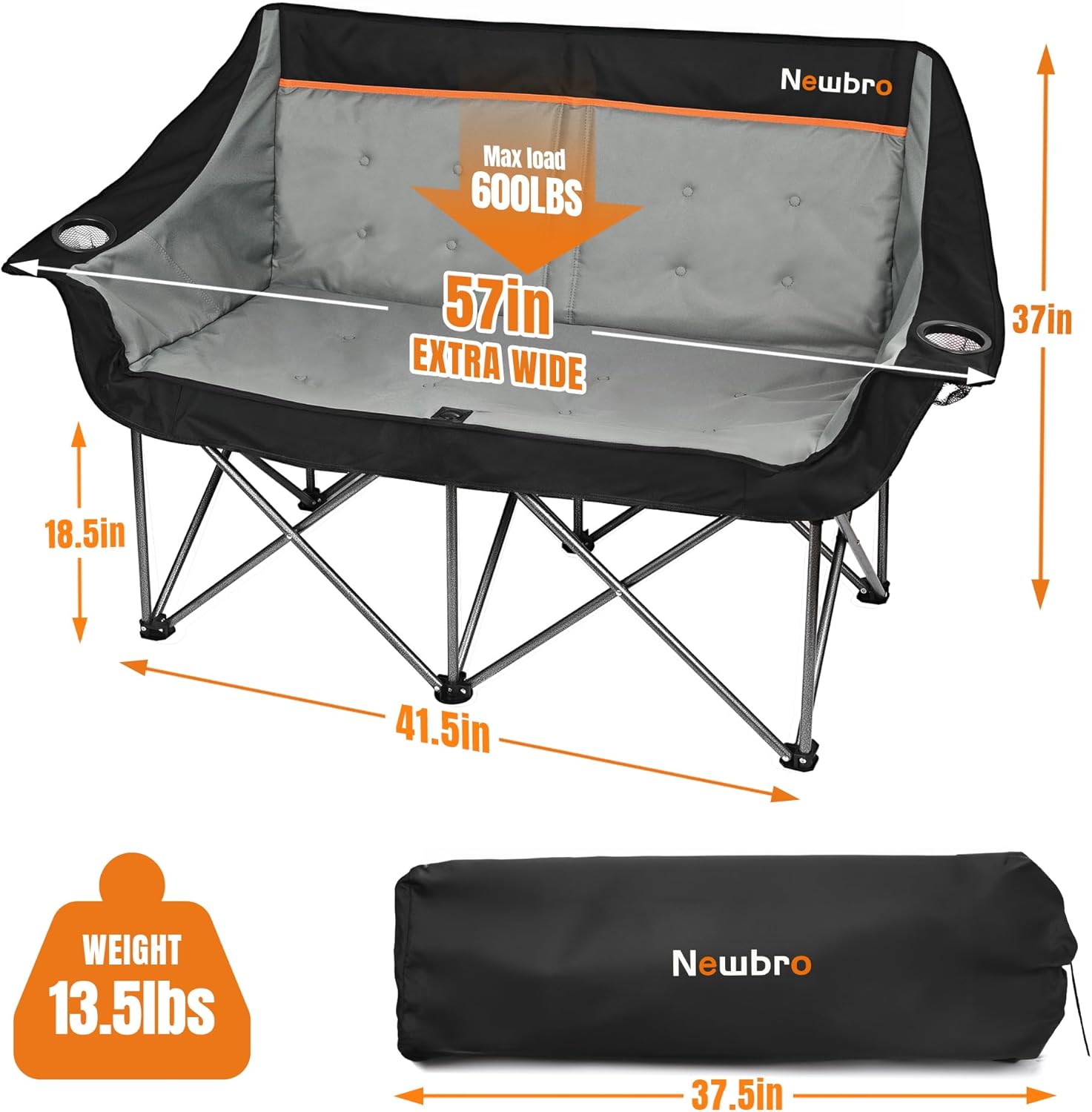 Oversized Double Camping Chair for Adults, Fully Padded Folding Camping Chairs Loveseat, Big Heavy Duty Outdoor Patio Lawn Chair with Arm Cup Holder - Image 2